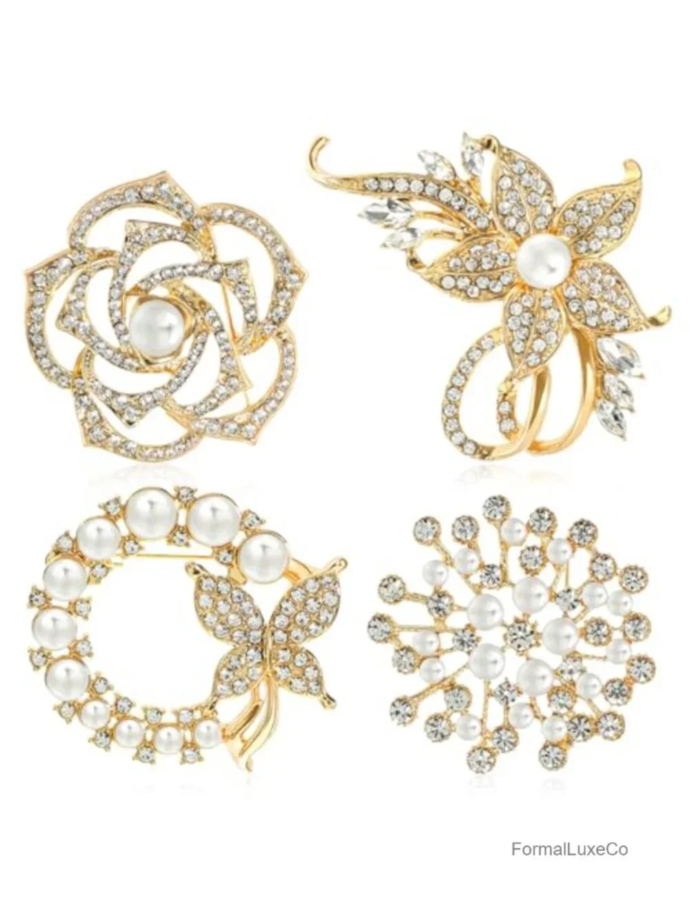 4 Pc Crystal Pearl Brooch Set for Women Blazer Dress Coat Gift